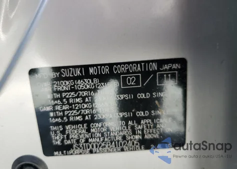 2011 Suzuki Grand Vitara Premium из США, поврежденный, VIN JS3TD0D25B4102405